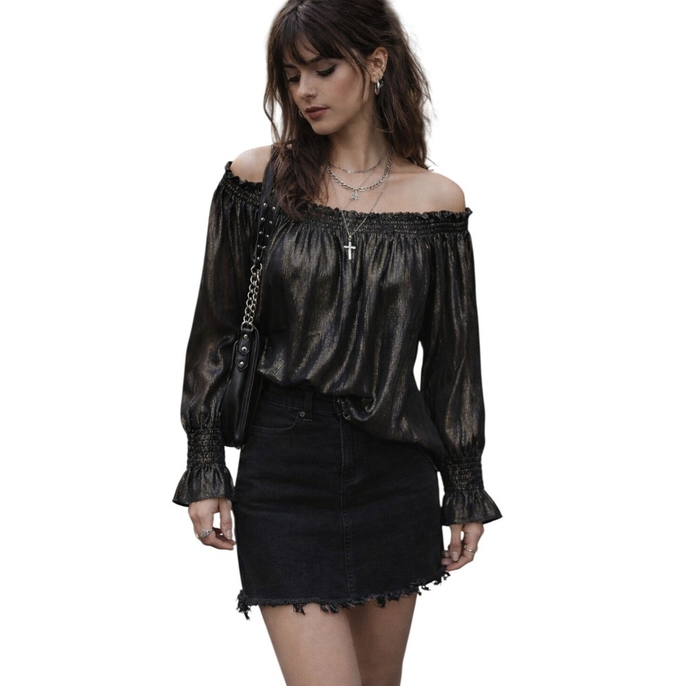 Black Gold Metallic Off Shoulder Blouse Top M Romantic Grunge Parisian Chic Noir